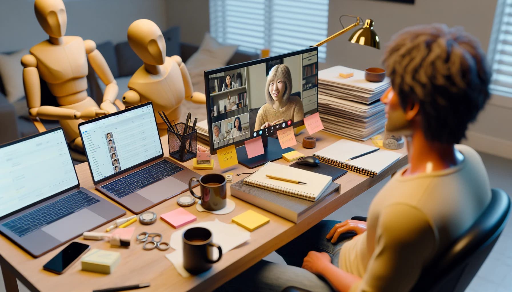 Filipino virtual assistant on a video call at a cluttered desk