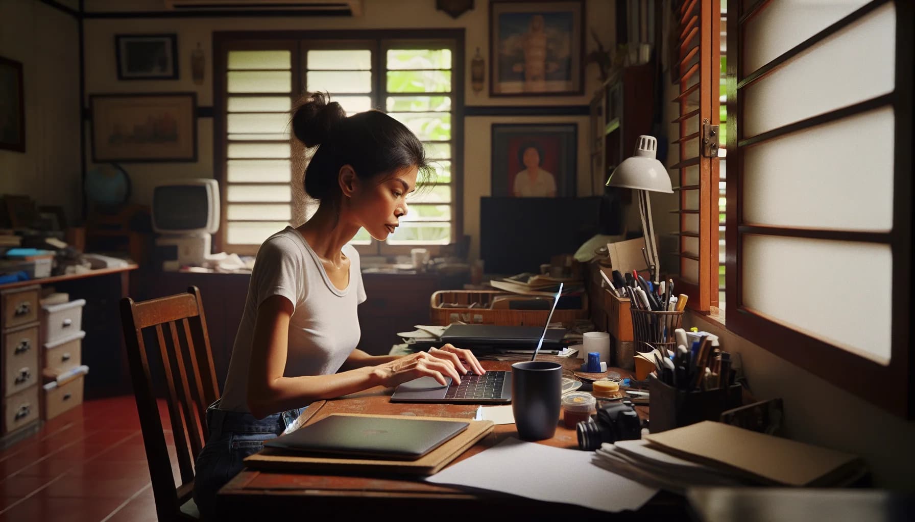 Filipino virtual assistant working from home, natural setting