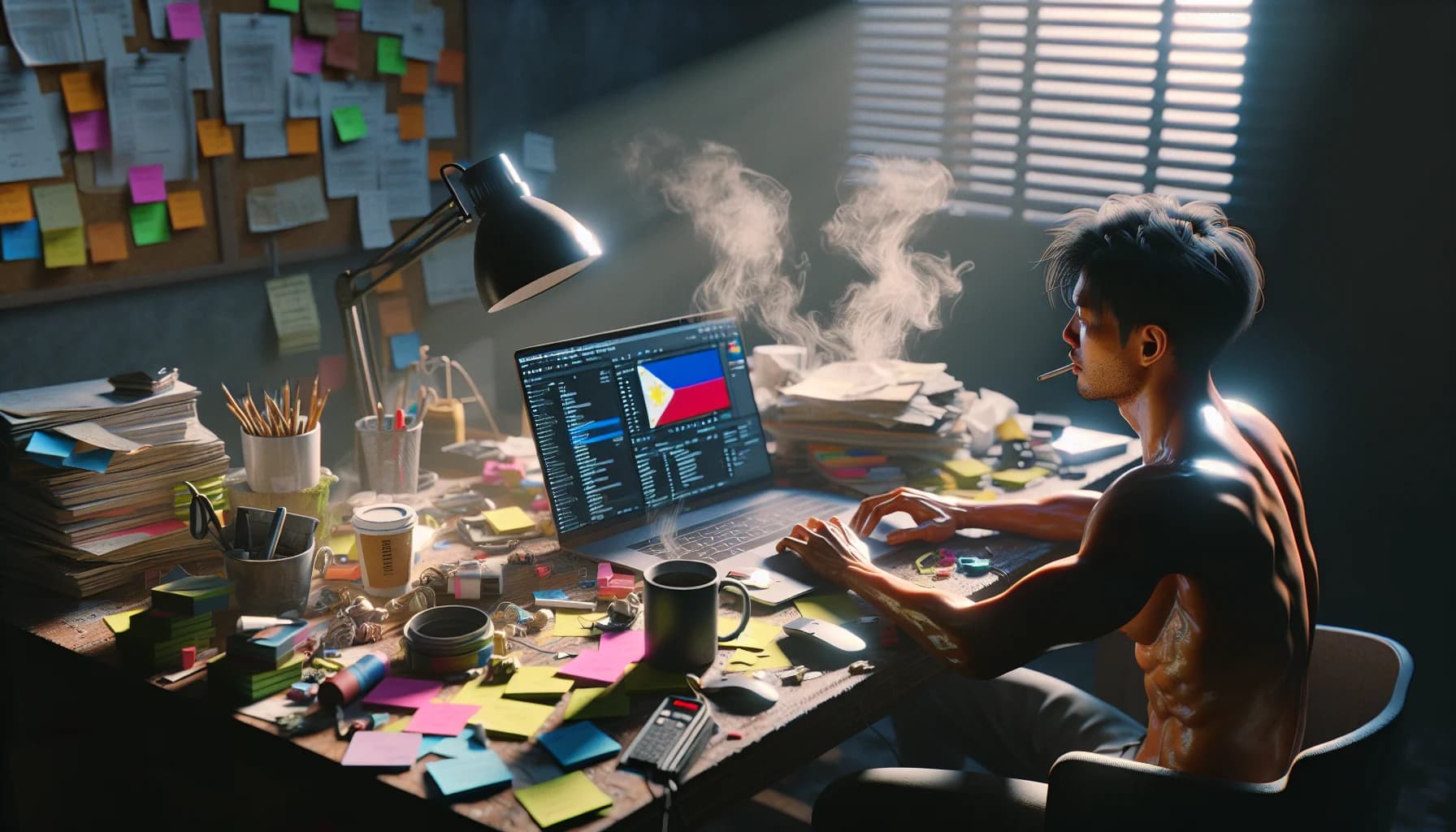 Filipino virtual assistant working from a desk with a laptop