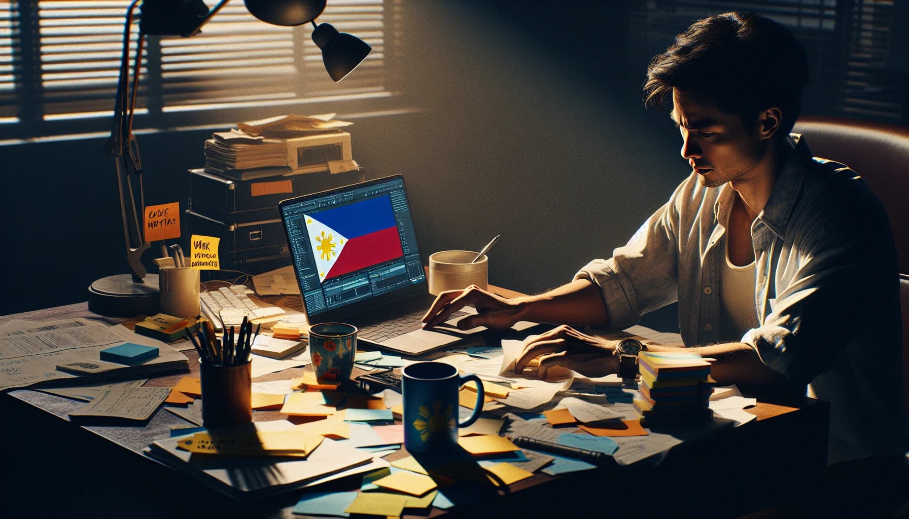 Filipino virtual assistant working on a laptop at a desk